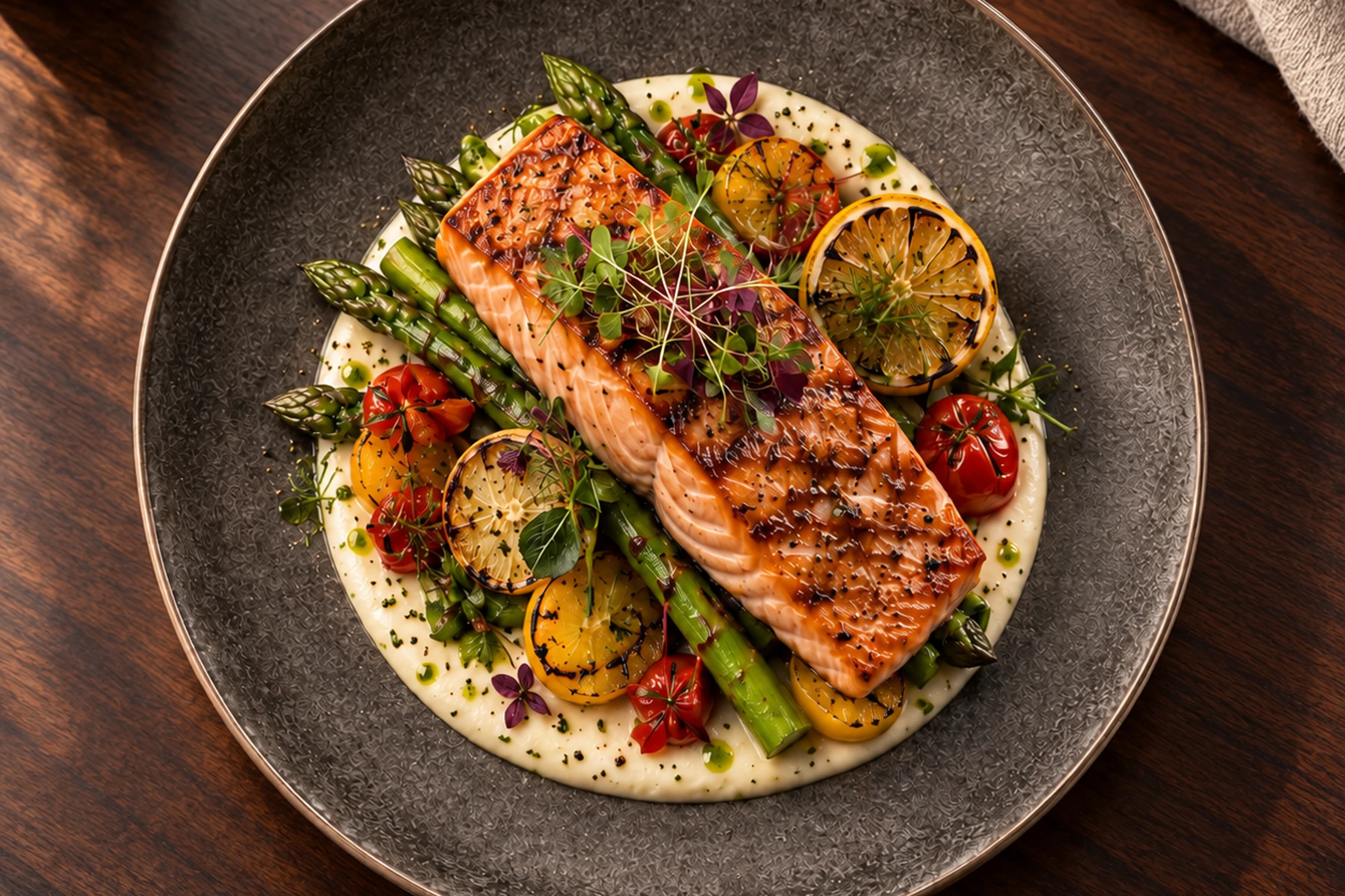 Overhead view of a fire-glazed salmon dish