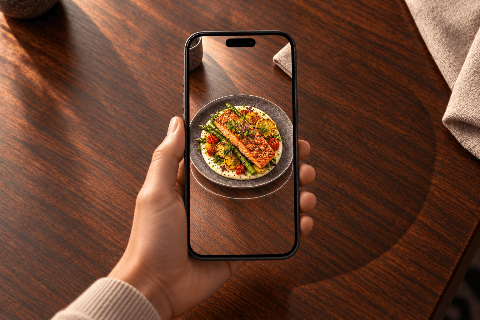 A guest viewing an augmented-reality salmon dish anchored to an empty restaurant table through their phone