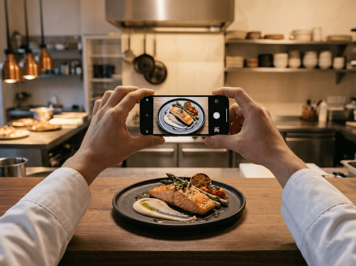 A chef photographs a plated salmon dish in a restaurant kitchen