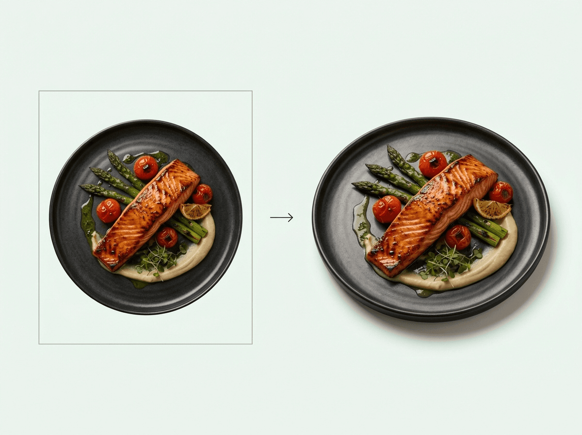 A salmon photograph transforming into a dimensional dish view