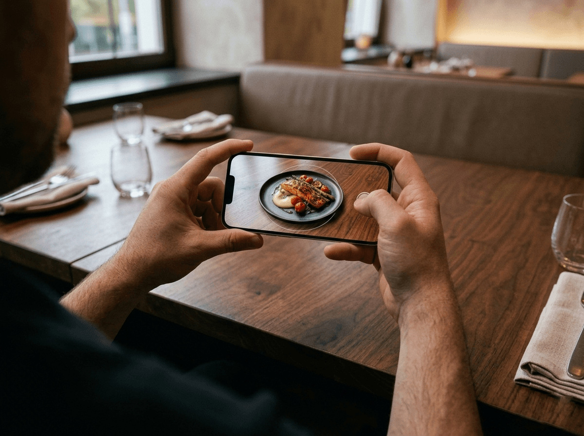 A guest previews a salmon dish on an empty restaurant table through a phone